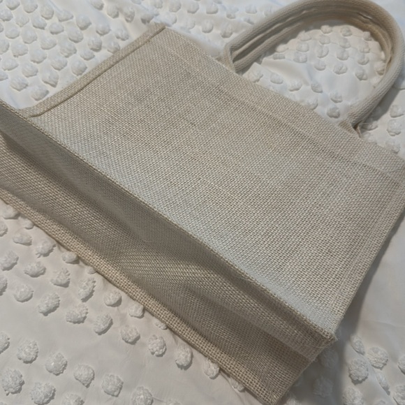 Linen Wicker Tote Bag Tan Cream Handles - Picture 3 of 9